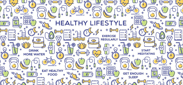 Healthy lifestyle vector illustration, dieting, fitness and nutrition.
