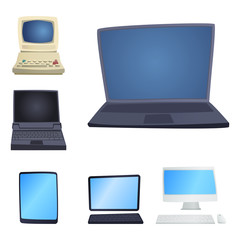 Retro computer item classic antique technology style business personal equipment and vintage pc desktop hardware communication object vector illustration.