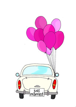 Just Married - white car and balloons