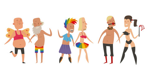 Fototapeta premium Homosexual gay and lesbian people marriage man, woman couples family and colors free love ceremony community characters tolerance symbol vector illustration.