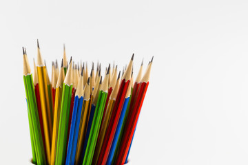 Bouquet of sharpened pencils. Focus on first pencil