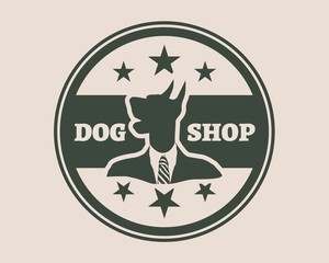 Pet emblem design. Doberman dog. Graphic design element. Shop text