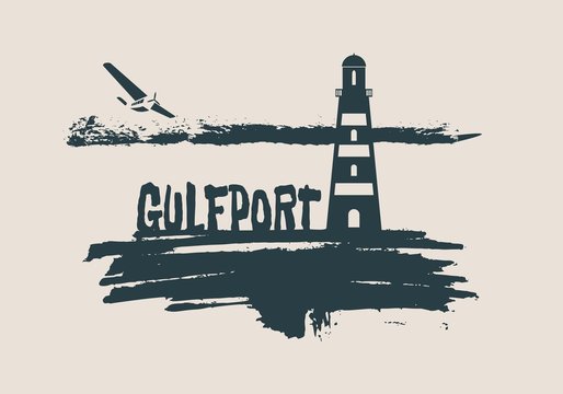 Lighthouse on brush stroke seashore. Clouds line with retro airplane icon. Vector illustration. Gulfport city name text.