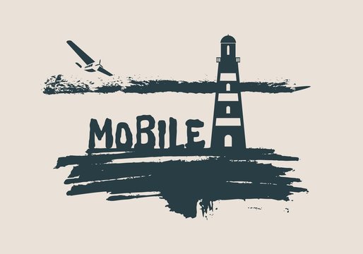 Lighthouse on brush stroke seashore. Clouds line with retro airplane icon. Vector illustration. Mobile city name text.