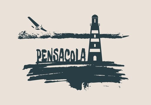 Lighthouse on brush stroke seashore. Clouds line with retro airplane icon. Vector illustration. Pensacola city name text.