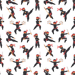 Different poses of ninja fighter in black cloth character warrior sword martial weapon japanese man and karate cartoon person seamless pattern vector. © Vectorvstocker