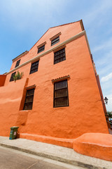 A colorful orange building in Cartagena, Colombia.