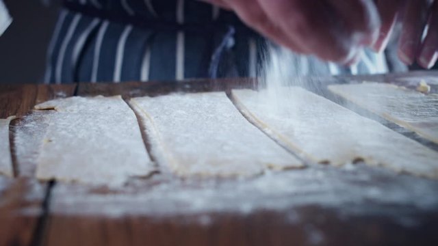 4K Traditional Baker Adding Flour to Dough Stripes