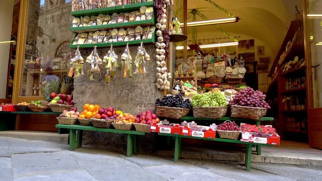 Fruits shop in Siena, Italy with typical italian products