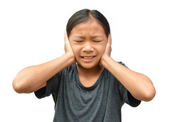 Sad little Asian girl have a earache on white background