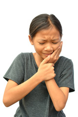 Sad little Asian girl have a toothache on white background