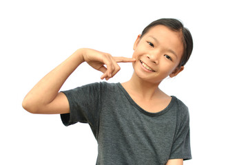 Happy little Asian girl on white background
