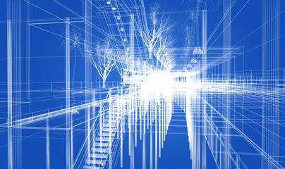 sketch design of interior hall, 3d rendering