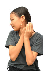 little Asian girl scratch itch hand on white background