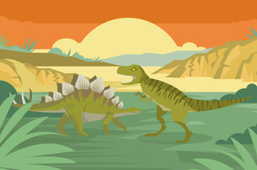 stegosaurus and tyrannosaurus rex in the wild jungle © matiasdelcarmine