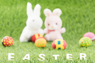 Bunny toys and Easter eggs with text