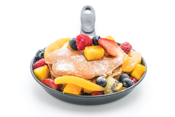 pancake with mix fruits (strawberry, blueberries, raspberries, mango, kiwi)