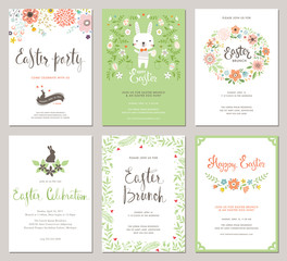 Fototapeta premium Easter Party Invitations and Greeting Cards with eggs, flowers, floral wreath, rabbit and typographic design on the textured background.&nbsp;Vector&nbsp;templates set.