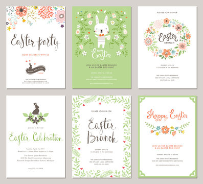 Easter Party Invitations and Greeting Cards with eggs, flowers, floral wreath, rabbit and typographic design on the textured background. Vector templates set.