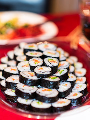 A plate full with sushi rolls.
