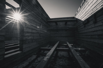 black and white of underconstruction wood house