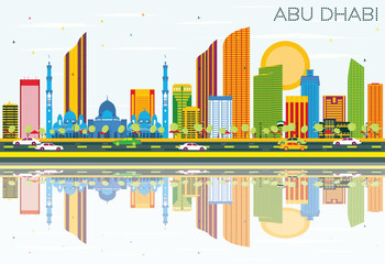 Abu Dhabi Skyline with Color Buildings, Blue Sky and Reflections.
