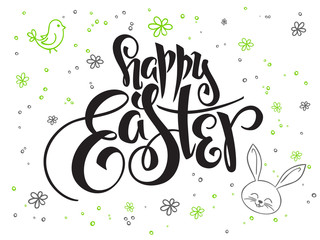 vector hand lettering greetings text - happy easter with doodle flowers, rabbit and bubbles