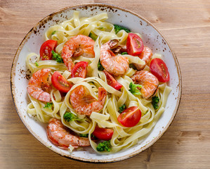 Pasta with shrimps and vegetables. Healthy diet  food.