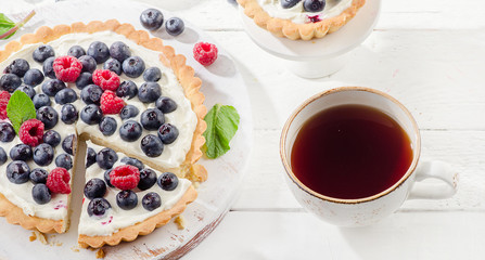 Sweet Cheese cakes with fresh berries cup of hot tea.