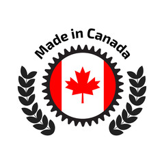 Made in Canada banner, flag red maple leaf.