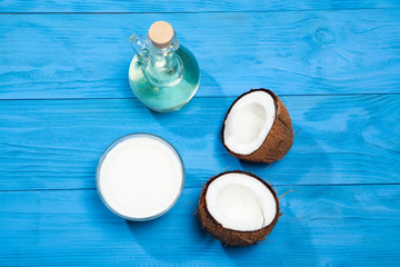 Coconut oil on a blue wooden background