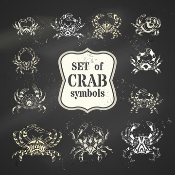 Vector set of chalk hand-drawn crabs.