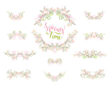 Spring page decorations and dividers isolated on white background.