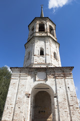 Fototapeta na wymiar Belltower of the abandoned church of Elijah the Prophet in Veliky Ustyug, Vologda region, Russia