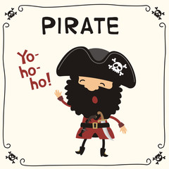 Funny pirate singing pirate song "Yo-ho-ho!". Isolated pirate with black beard in cartoon style.