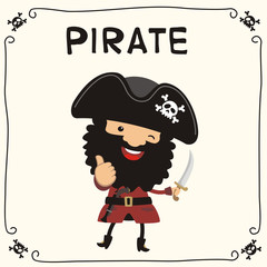 Funny pirate with saber shows "like". Isolated pirate with black beard in black cocked hat with skull.
