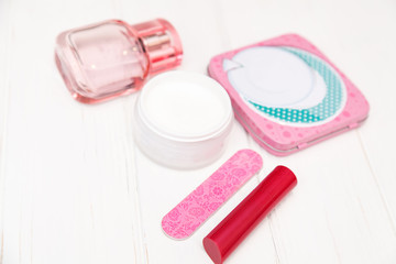 Pink box, cream and perfume