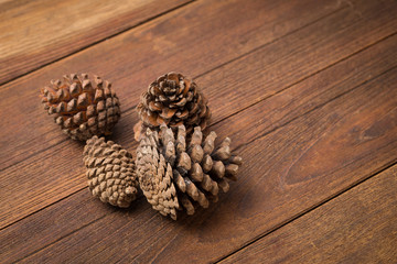 pine cones On the wooden floor. appreciated the interior.