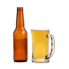 glasses of beer and beer bottle isolated on white background.
