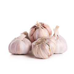Fresh organic garlic, cloves and cutted garlic clove isolated on white background.
