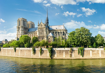 South facade of the Notre-Dame de Paris from Seine - obrazy, fototapety, plakaty