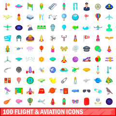 100 flight and aviation icons set, cartoon style