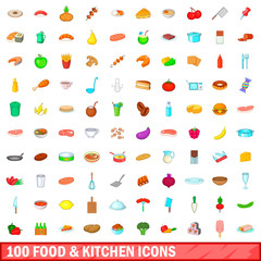100 food and kitchen icons set, cartoon style