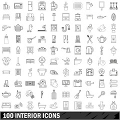 100 interior icons set, outline style