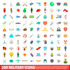 100 military icons set, cartoon style