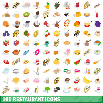 100 restaurant icons set, isometric 3d style