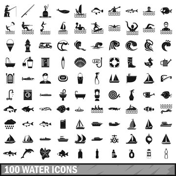 100 water icons set in simple style 