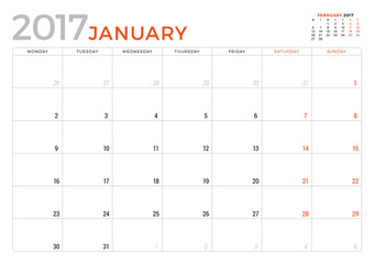 Calendar Planner for January 2017 Year. Vector Design Template. Week Starts Monday. Stationery Design