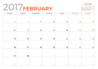 Calendar Planner for February 2017 Year. Vector Design Template. Week Starts Monday. Stationery Design