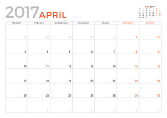Calendar Planner for April 2017 Year. Vector Design Template. Week Starts Monday. Stationery Design